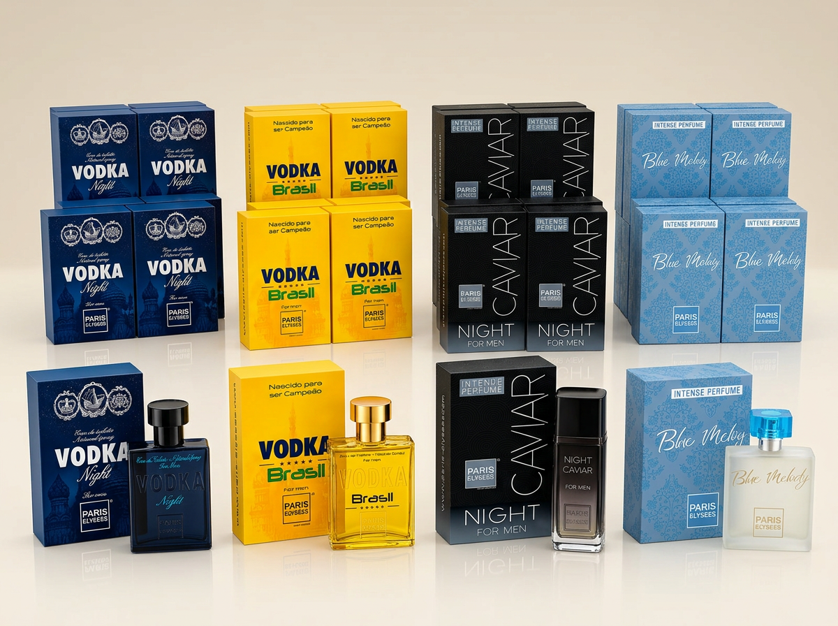 Caixa com estoque compacto de perfumes para revenda
